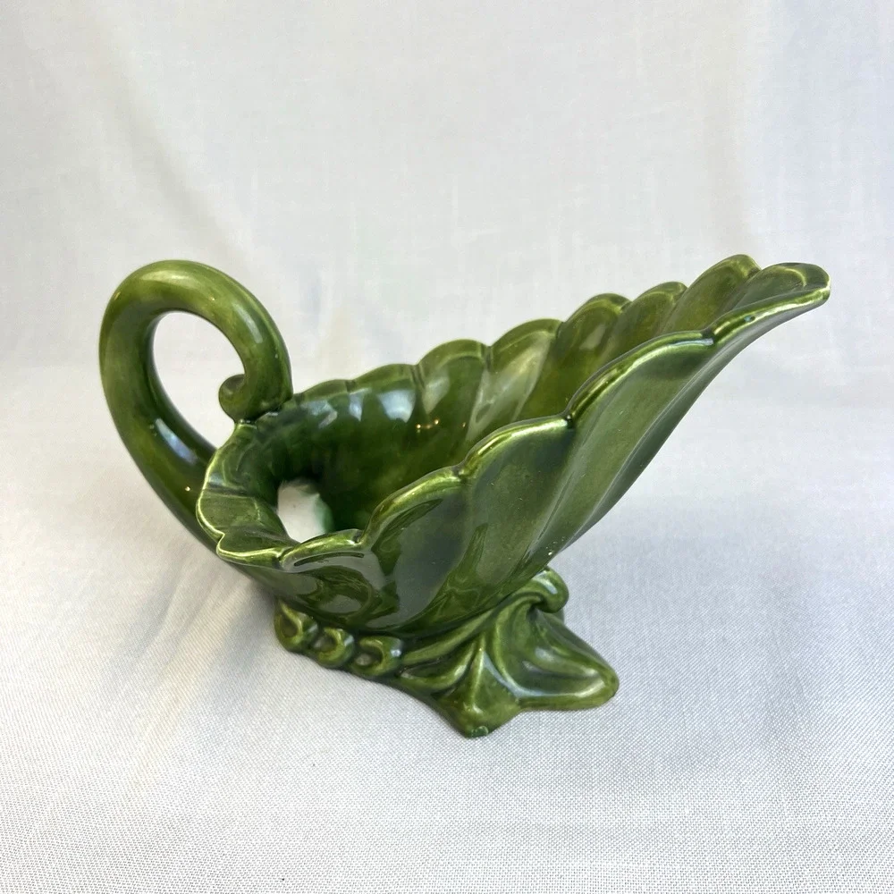 Vintage Ceramic Vase Dark Green Mid Century Modern Home Decor Cornucopia Bowl